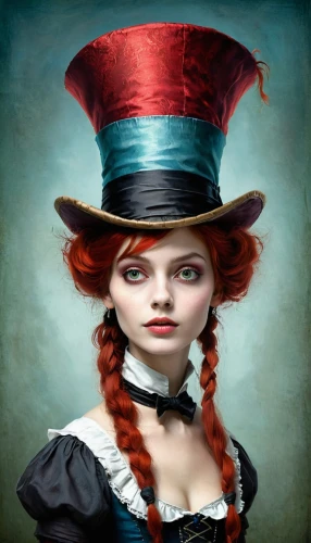victorian lady,the hat-female,the hat of the woman,fantasy portrait,harlequin,rasputina,woman's hat,victoriana,triss,girl wearing hat,mademoiselle,redhead doll,mascarade,viveros,hatter,victorianism,black hat,harlequinade,stovepipe hat,the sea maid,Art,Artistic Painting,Artistic Painting 29