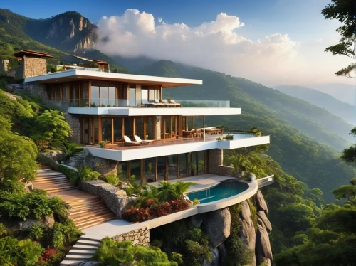 tigers nest,house in mountains,hushan,house in the mountains,tailandia,fallingwater,amanresorts,luxury property,asian architecture,cliffside,dreamhouse,beautiful home,shaoming,roof landscape,futuristic architecture,luxury home,mountainside,tropical house,laoshan,luxury real estate,Conceptual Art,Sci-Fi,Sci-Fi 19
