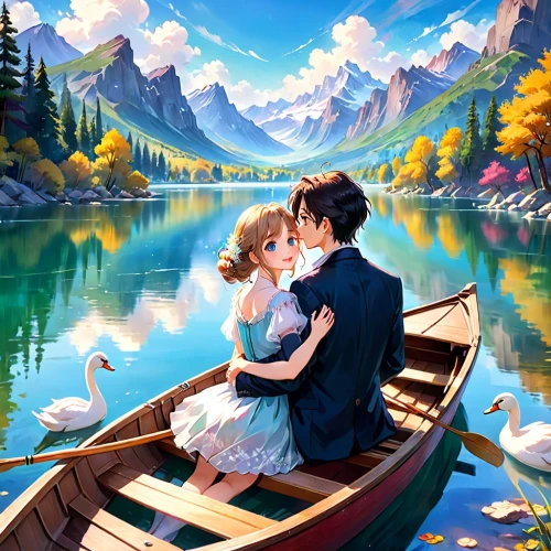 romantic scene,landscape background,honeymoon,idyll,fairytale,swan lake,fairy tale,boat landscape,fantasy picture,mountain lake,beautiful lake,girl and boy outdoor,lurianic,young couple,romantic portrait,mountainlake,heaven lake,world digital painting,on the lake,a fairy tale,Anime,Anime,Traditional