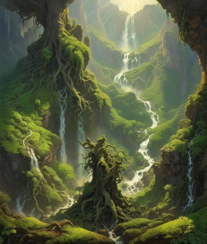 moss landscape,elven forest,fantasy landscape,green forest,verdant,green waterfall,hinterlands,alfheim,forest glade,swampy landscape,green valley,mushroom landscape,forest landscape,sylvan,fairy forest,the forests,mountain spring,forests,the forest,fractal environment,Illustration,Realistic Fantasy,Realistic Fantasy 03