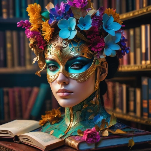 bookmark with flowers,book glasses,librarian,bibliophile,bookworm,lectura,bookish,masquerade,masquerading,book antique,venetian mask,women's novels,bookseller,bodypainting,reading glasses,books,fantasy portrait,majevica,masques,readers,Photography,Artistic Photography,Artistic Photography 08