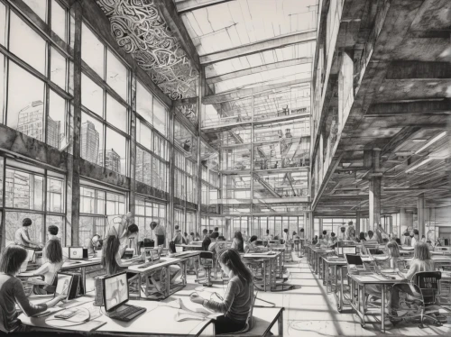 piranesi,bobst,manufactory,packinghouse,renderings,factory hall,gensler,industrial hall,workhouse,unbuilt,usine,prefabrication,industrializing,sewing factory,revit,transbay,industrielle,deindustrialization,cannery,railyards,Illustration,Black and White,Black and White 11