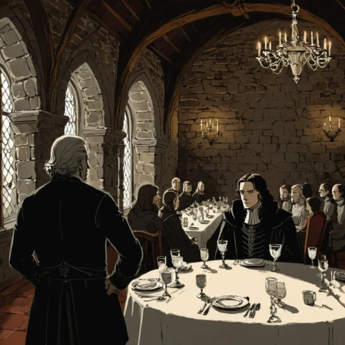 strahd,thingol,rathskeller,communion,fellowship,dining room,conclave,heorot,scriptorium,exclusive banquet,marauders,censers,dragonlance,banquets,dignitaries,holy communion,long table,brehon,dinner party,courtroom,Illustration,Black and White,Black and White 02