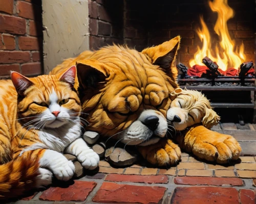 shisa,fireside,cuddly toys,fireplaces,cats on brick wall,stuffed animals,georgatos,log fire,fire place,cat family,fireplace,gatos,felids,plush toys,stuffed toys,chimneypiece,lions couple,felines,lion children,warmth,Conceptual Art,Fantasy,Fantasy 15