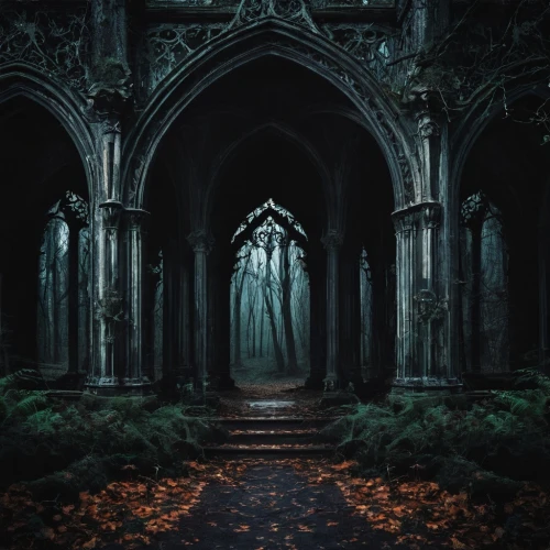 haunted cathedral,hall of the fallen,forest chapel,gothic style,dark gothic mood,mirkwood,gothic,the threshold of the house,rivendell,haunted forest,shadowgate,doorways,witch's house,holy forest,cathedrals,fantasy picture,threshold,creepy doorway,witch house,neogothic,Illustration,Realistic Fantasy,Realistic Fantasy 46