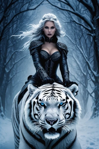 tigress,panthera,white tiger,the snow queen,fantasy picture,pantha,macan,siberian tiger,wild cat,she feeds the lion,felids,fantasy woman,huntress,icea,fantasy art,leonine,tigar,lilandra,warrior woman,sabretooth,Conceptual Art,Fantasy,Fantasy 34