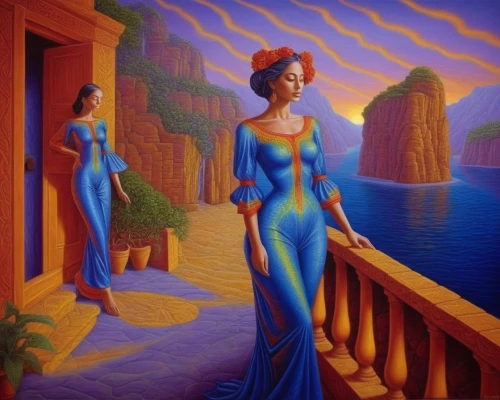 dubbeldam,tretchikoff,hildebrandt,priestesses,rhinemaidens,canonesses,the three graces,klarwein,muses,follieri,majorelle,korchagin,demoiselles,oil painting on canvas,mcquarrie,maidens,dreamgirls,deaconesses,coville,paschke,Illustration,Abstract Fantasy,Abstract Fantasy 21