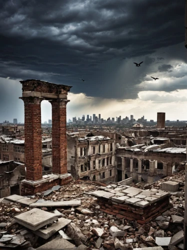 destroyed city,post-apocalyptic landscape,ancient rome,ruinas,apocalyptic,post apocalyptic,ruine,luxury decay,eternal city,roman forum,stalingrad,homs,trajan's forum,italy colosseum,apocalyptically,foro romano,demolition,crumbling,dilapidated,colonnaded,Art,Artistic Painting,Artistic Painting 47