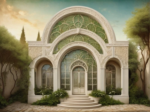 islamic architectural,arabic background,persian architecture,house of allah,secret garden of venus,rivendell,art deco background,marble palace,iranian architecture,bahai,background design,mihrab,kashan,white temple,rosicrucian,syedna,earthship,archways,sanctum,conservatory,Illustration,Realistic Fantasy,Realistic Fantasy 35