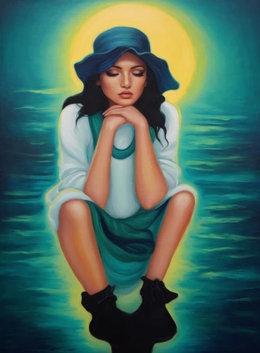 welin,mousseau,oil painting on canvas,oil on canvas,oil painting,vettriano,woman thinking,woman sitting,chicana,chicanas,depressed woman,pintura,azzurro,praying woman,girl wearing hat,pittura,girl sitting,jasinski,hila,mexican painter,Illustration,Realistic Fantasy,Realistic Fantasy 45