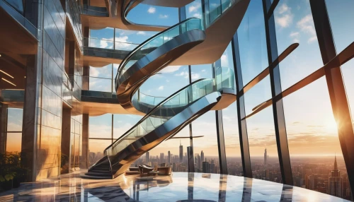 penthouses,the observation deck,observation deck,glass facade,skywalks,structural glass,outside staircase,glass facades,glass wall,escaleras,skybridge,balustrades,steel stairs,glass building,winding staircase,spiral staircase,staircase,balustrade,skyscapers,staircases,Art,Artistic Painting,Artistic Painting 45