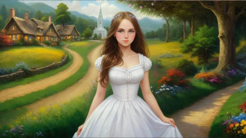 fantasy picture,girl in the garden,fairy tale character,landscape background,fantasy art,gretel,housemaid,innkeeper,celtic woman,nessarose,beleriand,children's background,world digital painting,girl in a long,tuatha,kirtle,countrywoman,fantasy portrait,girl in a long dress,xanth