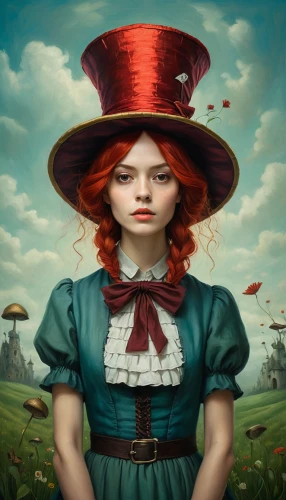 fantasy portrait,hatter,world digital painting,pilgrim,girl in the garden,redhead doll,rasputina,vanwyngarden,fantasy picture,storybook character,queen of hearts,girl wearing hat,fairy tale character,wonderland,the hat of the woman,shepherdess,victorian lady,portrait background,fantasy art,pinocchio,Illustration,Abstract Fantasy,Abstract Fantasy 17