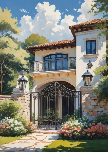 country estate,beautiful home,private house,luxury home,large home,villa,ghibli,luxury property,dreamhouse,home landscape,mansion,country house,house by the water,house in the mountains,modern house,violet evergarden,landscaped,holiday villa,gardenias,palladianism,Conceptual Art,Oil color,Oil Color 18