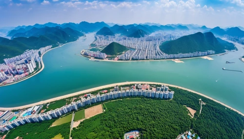 tigers nest,artificial islands,halong bay,halong,seasteading,72 turns on nujiang river,danyang eight scenic,huizhou,waterfronts,laizhou,guangdong,haicang,leizhou,yangtze,heart of love river in kaohsiung,hengqin,waterbodies,harbour city,aerial landscape,megastructures,Photography,General,Realistic