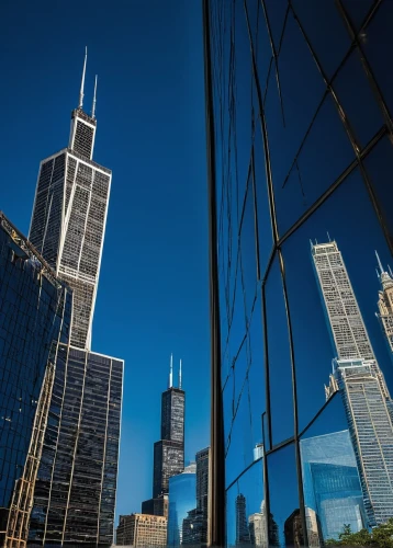 sears tower,chicago skyline,willis tower,chicago,chicagoan,streeterville,skyscrapers,glass building,metra,chicagoland,glass facades,ctbuh,rencen,tall buildings,financial district,twin tower,detriot,lehman,urban towers,chicago night,Illustration,Realistic Fantasy,Realistic Fantasy 17