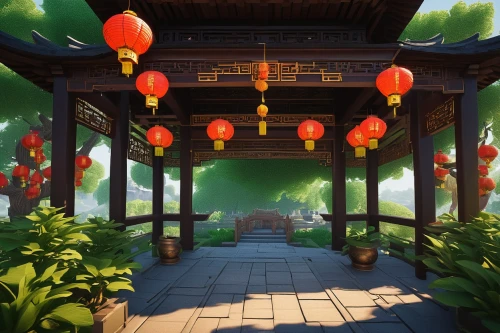 lanterns,dojo,teahouse,background design,oriental lantern,hanging temple,red lantern,backgrounds,japanese shrine,tianxia,qibao,bamboo plants,cartoon video game background,shrine,arbor,mid-autumn festival,fengshui,bamboo forest,feng shui,spring festival,Art,Artistic Painting,Artistic Painting 08