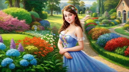 girl in the garden,girl in flowers,flower garden,flower painting,beautiful girl with flowers,girl picking flowers,splendor of flowers,fantasy picture,landscape background,springtime background,flower background,spring background,aerith,fairy tale character,cinderella,rosalinda,fairyland,children's background,floricienta,photo painting