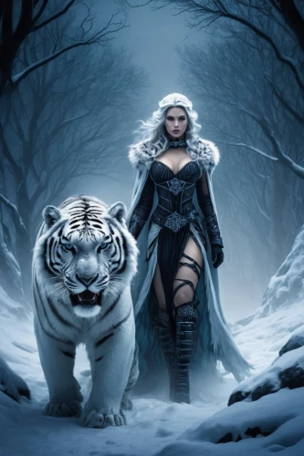 panthera,the snow queen,fantasy picture,tigress,she feeds the lion,white tiger,ice queen,fantasy art,lionesses,eternal snow,stormfury,fantasy woman,lilandra,heroic fantasy,warrior woman,sigyn,female warrior,imerys,huntress,icea,Conceptual Art,Fantasy,Fantasy 34