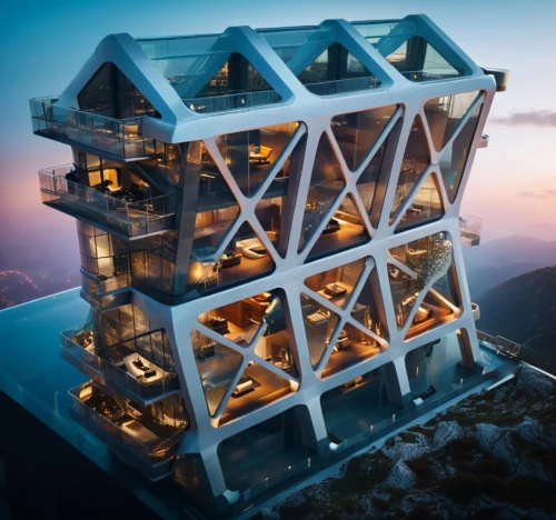 cubic house,snohetta,cube stilt houses,sky apartment,residential tower,skyscapers,futuristic architecture,cube house,glass pyramid,building honeycomb,modern architecture,cantilevered,the energy tower,observation tower,bjarke,solar cell base,messner,penthouses,frame house,steel tower,Photography,General,Cinematic