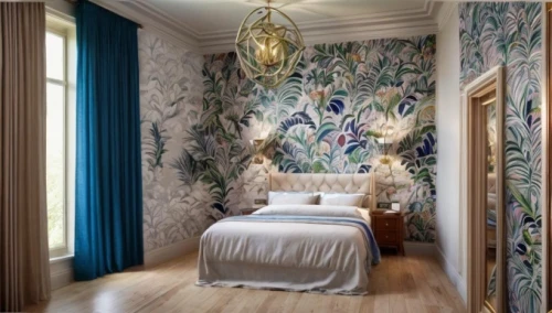 gournay,fromental,chambre,wallcovering,danish room,wallcoverings,victorian room,ornate room,bedchamber,wallpapering,guest room,great room,aubusson,children's bedroom,bedroom,showhouse,toile,jugendstil,blue room,casa fuster hotel