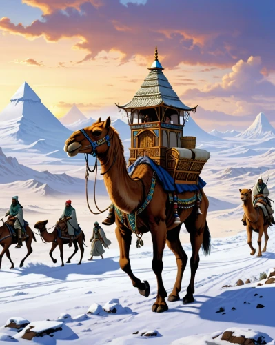 camel caravan,camel train,chatumongol,genghis khan,buzkashi,townsmen,nasreddin,mongols,shahnameh,mongol,koryaks,oxcarts,nomads,mountain scene,rohirrim,covered wagon,mongolian,chinggis,mongolia eastern,tengri