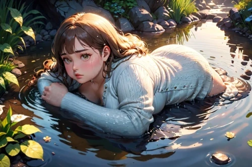 girl lying on the grass,girl in the garden,ophelia,girl on the river,wishing well,water nymph,woman at the well,hoshihananomia,lily water,kupala,studio ghibli,girl picking flowers,lily pond,idyllic,taking a bath,koi pond,ghibli,falling flowers,the blonde in the river,game illustration