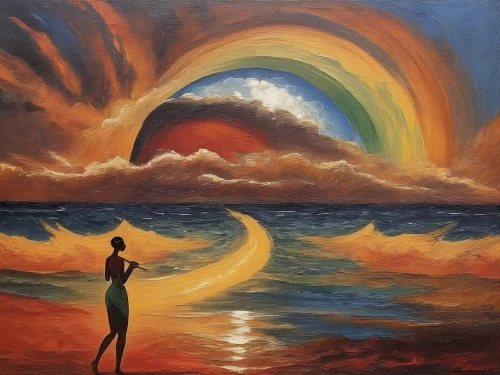 oil painting on canvas,dream art,dreamtime,art painting,oil painting,rainbow waves,seascape,man at the sea,dreamscapes,rainbow clouds,surrealism,psychosynthesis,dreamscape,surrealist,sun and sea,self hypnosis,vibrational,imaginal,vibrantly,sea landscape,Illustration,Realistic Fantasy,Realistic Fantasy 21