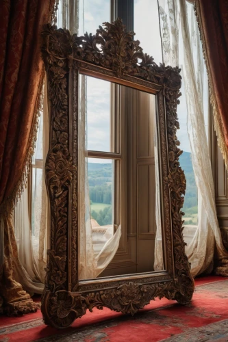 decorative frame,mirror frame,four poster,bedchamber,art nouveau frame,armoire,ornate room,highclere castle,peony frame,magic mirror,wood mirror,copper frame,the mirror,gustavian,chateauesque,art nouveau frames,versailles,mirror in the meadow,overmantel,frame ornaments,Photography,General,Fantasy