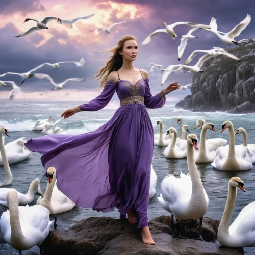 swan lake,swansong,fantasy picture,riverdance,seabirds,white swan,swanning,constellation swan,trumpeter swans,mourning swan,swan,cisne,swans,purple landscape,tuatha,flock of geese,fantasy art,lorien,celtic woman,seagulls flock,Photography,General,Realistic