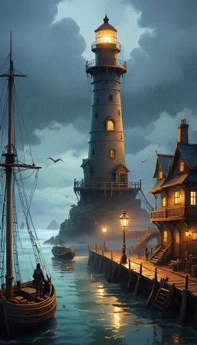 lighthouses,lighthouse,electric lighthouse,light house,red lighthouse,novigrad,lamplight,harbor,phare,gaslight,world digital painting,maiden's tower,lightkeeper,evening atmosphere,pieters,night scene,sail ship,fantasy picture,harborlights,lightkeepers,Conceptual Art,Oil color,Oil Color 12