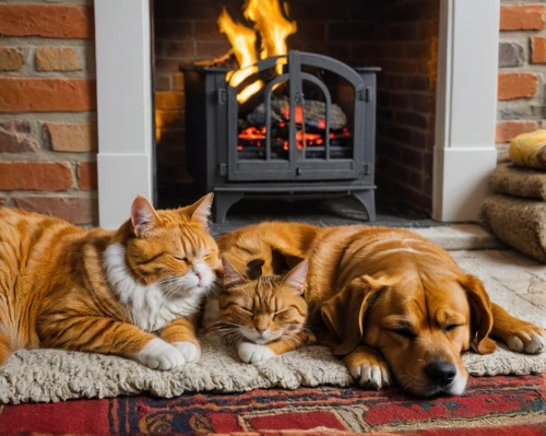 warm and cozy,domestic heating,warmth,log fire,fire place,dog - cat friendship,fireside,dog and cat,cosier,fireplaces,red tabby,cosy,orange tabby cat,cat family,firecat,warmers,warming,ginger cat,hygge,cozier,Illustration,American Style,American Style 12