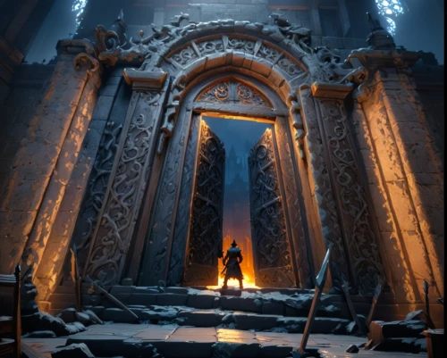 labyrinthian,hall of the fallen,portal,mihrab,mausoleum ruins,entrada,theed,ruin,doorway,mausolea,the door,sanctum,ruins,haunted cathedral,creepy doorway,necropolis,risen,sepulchres,gatekeeper,iron door,Anime,Anime,General
