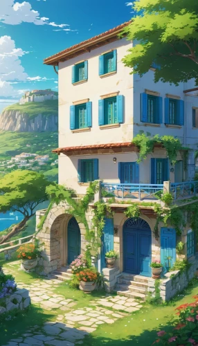 home landscape,cliffside,house by the water,butka,apartment house,house in mountains,house in the mountains,apartment complex,machico,meteora,private house,seaside resort,house with lake,ghibli,dreamhouse,hillside,roof landscape,idyllic,summer day,sky apartment,Illustration,Japanese style,Japanese Style 03