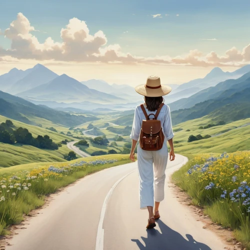 landscape background,travel woman,walking in a spring,countrywoman,woman walking,world digital painting,long road,camino,buencamino,springtime background,sojourning,country road,countrygirl,girl walking away,countrywomen,suitcase in field,online path travel,journeying,roadless,alpine route,Photography,General,Realistic