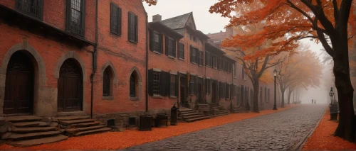 autumn fog,old linden alley,haddonfield,cobblestone,cobblestones,red brick,cobblestoned,red bricks,cobbled,beguinage,row houses,faneuil,brownstones,the cobbled streets,cobble,halloween scene,medieval street,halloween background,cobbles,redbrick,Art,Classical Oil Painting,Classical Oil Painting 40