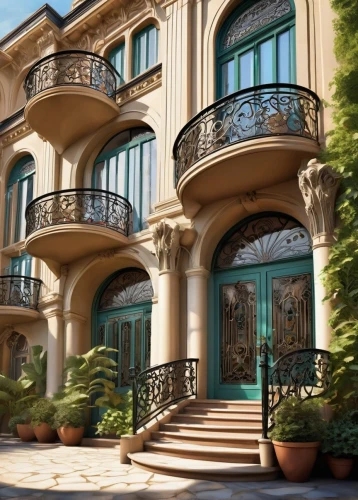 montecarlo,balconies,paris balcony,balcony,portofino,apartment building,an apartment,apartments,palladianism,apartment house,block balcony,french building,riviera,wrought iron,venetian hotel,apartment complex,victorian,3d rendering,brownstones,palazzo,Illustration,American Style,American Style 13