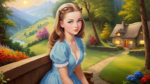 girl in the garden,dorthy,fairy tale character,landscape background,belle,housemaid,dorothy,fantasy picture,children's background,country dress,nessarose,world digital painting,cinderella,dirndl,romantic portrait,countrywoman,eilonwy,countrygirl,young girl,photo painting