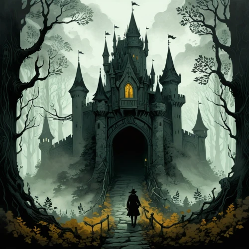 haunted cathedral,halloween background,haunted castle,witch's house,shadowgate,ghost castle,witch house,house silhouette,fairy tale castle,blackmoor,halloween wallpaper,gothic style,castle of the corvin,castlevania,gothic,the haunted house,nargothrond,gothicus,fairytale castle,portal,Illustration,Black and White,Black and White 02