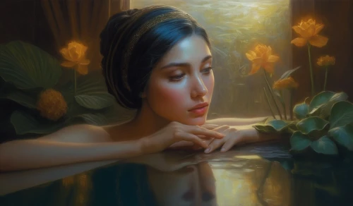 heatherley,dubbeldam,water lotus,lotus blossom,flower of water-lily,water lily,naiad,mystical portrait of a girl,waterlily,ophelia,world digital painting,water lilly,hoshihananomia,water lilies,narcissus,water nymph,lotuses,narcisse,waterlilies,reflection in water,Illustration,Realistic Fantasy,Realistic Fantasy 03