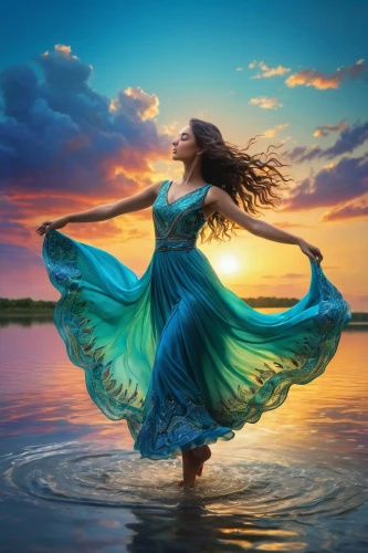 riverdance,eurythmy,gracefulness,whirling,celtic woman,exhilaration,amphitrite,fluidity,walk on water,divine healing energy,sirene,the wind from the sea,bellydance,leap for joy,enchantment,dance with canvases,exhilaratingly,water nymph,love dance,flowing water,Art,Classical Oil Painting,Classical Oil Painting 31