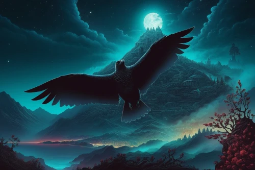 nocturnal bird,eagle illustration,night bird,fantasy picture,black raven,birds of prey-night,owl background,eagle,tui,raven bird,owl nature,black crow,of prey eagle,moon and star background,eagle silhouette,african eagle,king of the ravens,fantasy art,moonsorrow,bird of prey,Illustration,Realistic Fantasy,Realistic Fantasy 25