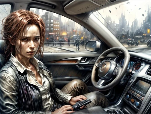 woman in the car,girl in car,girl and car,donsky,girl washes the car,drive,cabdriver,elle driver,struzan,syberia,world digital painting,driver,hoshihananomia,driving car,shenmue,car drawing,sci fiction illustration,yufeng,behind the wheel,driving a car