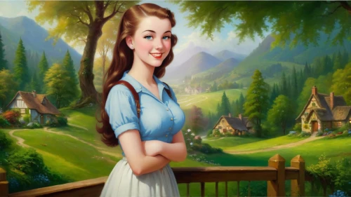 dorthy,dorothy,housemaid,landscape background,children's background,fairy tale character,housekeeper,maureen o'hara - female,dirndl,housemaids,storybook character,girl in the garden,brigadoon,maidservant,countrywomen,girl in a historic way,homesteaders,portrait background,girl with tree,mountain scene