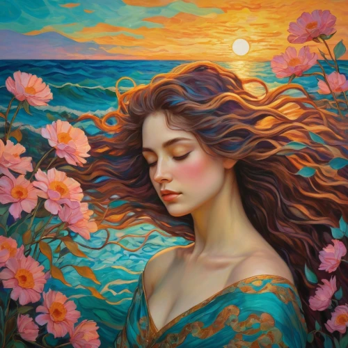 dubbeldam,girl in flowers,flower in sunset,amphitrite,the sleeping rose,dreamscapes,persephone,the wind from the sea,oil painting on canvas,romantic portrait,heatherley,ariadne,mystical portrait of a girl,sea of flowers,splendor of flowers,rhinemaidens,nestruev,dmitriev,beautiful girl with flowers,sirena,Art,Artistic Painting,Artistic Painting 32