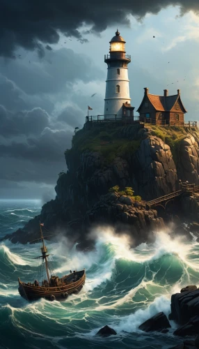fantasy picture,lighthouses,lighthouse,sea storm,siggeir,light house,northeaster,electric lighthouse,photo manipulation,storfer,sea landscape,ouessant,phare,world digital painting,fantasy art,lightkeeper,seafaring,sea fantasy,photoshop manipulation,stormy sea,Conceptual Art,Oil color,Oil Color 12