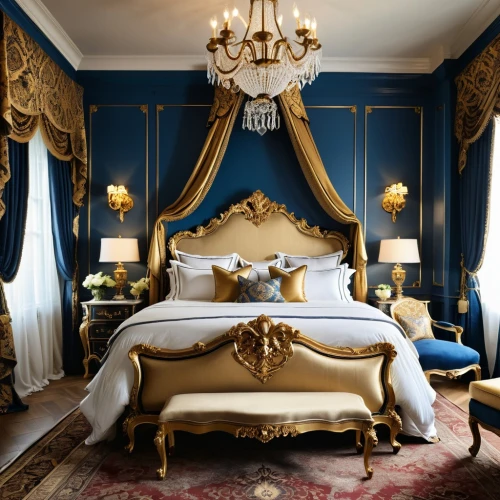 ornate room,chambre,bedchamber,blue room,malplaquet,four poster,ritzau,opulently,venice italy gritti palace,opulent,great room,opulence,chevalerie,meurice,bedspreads,sumptuous,poshest,victorian room,bagatelle,mazarine blue,Photography,General,Realistic