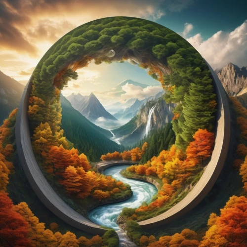 round autumn frame,semi circle arch,winding road,autumn mountains,heaven gate,the way of nature,round arch,rainbow bridge,fall landscape,fantasy landscape,life is a circle,winding roads,wall tunnel,world digital painting,autumn wreath,the mystical path,rivendell,fantasy picture,fractals art,natural arch,Photography,Artistic Photography,Artistic Photography 05