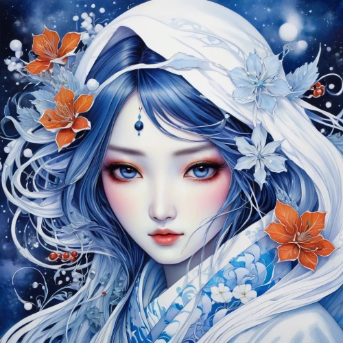 white rose snow queen,the snow queen,blue snowflake,fairie,suit of the snow maiden,white blossom,blue petals,blue white,ice queen,moonflower,blue birds and blossom,amaterasu,blue and white,blue moon rose,blue enchantress,oriental princess,blue flower,white snowflake,flower fairy,karou,Unique,Paper Cuts,Paper Cuts 01