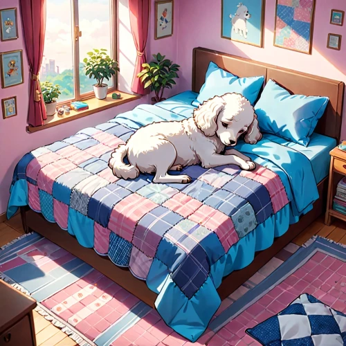 dog illustration,soft pastel,morning light,hikikomori,blue pillow,sleeping dog,bedroom,sleepy sheep,morning sun,pastel wallpaper,colotti,roominess,inu,bed,sleeping room,fluffy diary,quilt,samoyed,akitas,napping,Anime,Anime,Realistic